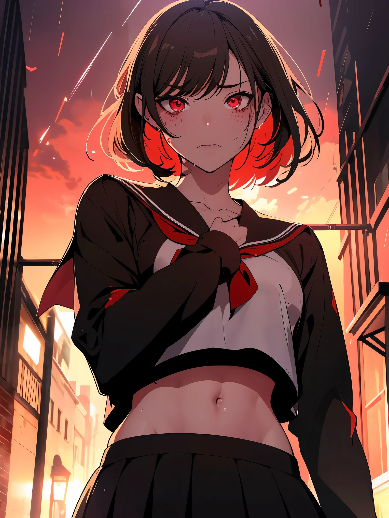 masterpiece, best quality, looking at viewer, facing viewer, bare legs, 1girl, solo, upper body, bow, serafuku, disgusted face, night time, heavy rain, outdoors, city, crop top, navel, wet clothes, drenched, overly long sleeves, hands in sleeves, blood tears, blood marks, dark alleyway, blood splattered on the ground, red bright light, glowing eyes, depth of field,holding a knife,red sky, atmofer,perfect hands