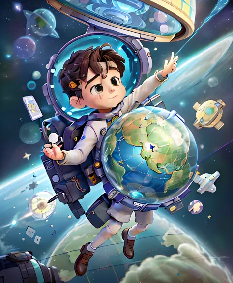 (masterpiece、best quality、best quality、official art、A little boy traveling in space，Map cards floating around,Suitcases floating...