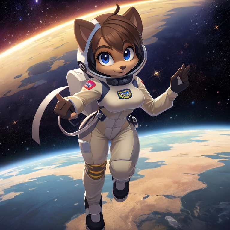 ((masterpiece)), studio quality, highly detailed, extreme detailed, high quality, max detailed, hyper detailed, space, universe, 1girl, hamset, attractive, gorgeous body, medium breast, brown short hair, galactic eyes, spacesuit, logo parody, logo