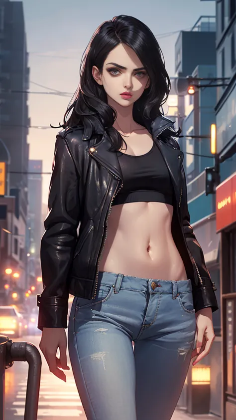 (highly quality, masterpiece, detailed), night city detailed scenario, night city detailed background, solo, jessicajones, black...