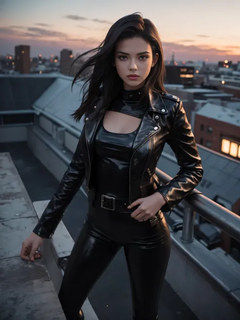 full length 18-year-old girl in wearing tight leather pants, tight leather jacket, leather boots standing on a rooftop in the ev...