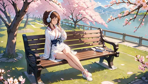 ((best quality)), ((masterpiece)), (detailed), perfect face, sitting under the cherry blossom tree, listening to music, one woma...