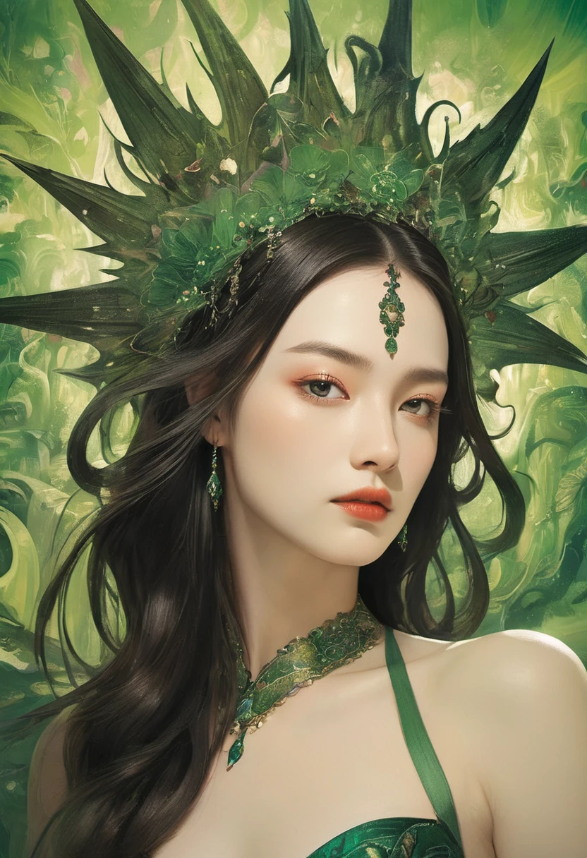 A provocative painting，Depicts a sexy lady from hell in a charming green themed scene, embodying the allure and strength of Hela in an epic split-screen composition that heightens the theatricality and mystique of her character. The green color scheme infuses the painting with an otherworldly sense of beauty and enchantment., Enhances women&#39;s allure and awesome presence. Split-screen format dynamically depicts Hella&#39;s entrance, Different angles show her majestic gaze and kingly demeanor. The artist&#39;s clever use of light and shadow adds depth and drama to the scene., Draws audiences into a narrative of dark elegance and intrigue. This masterpiece, Created by the famous painter Gustav Klimt, Delve deep into the realms of fantasy and mythology, Inviting viewers to explore the complexity of beauty, strength, and the mysterious lady from hell. 