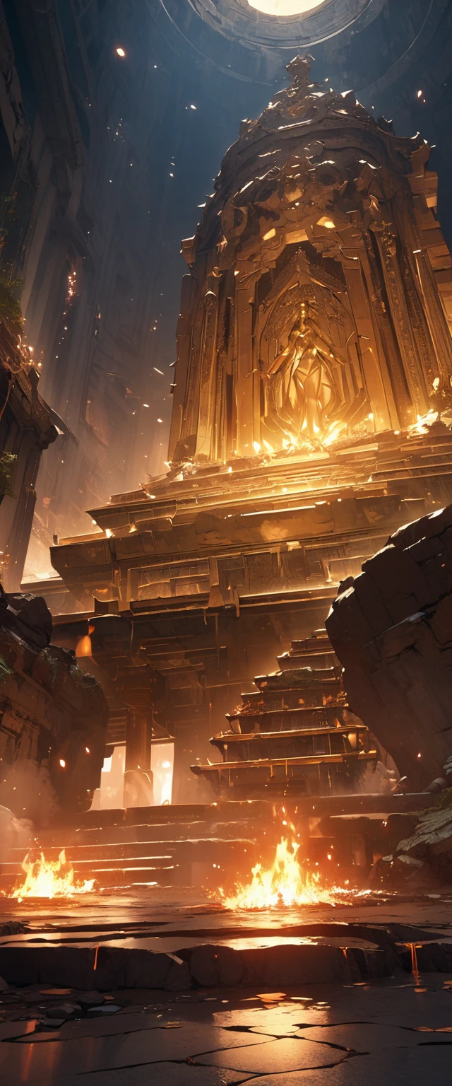 ((Masterpiece, top quality, high resolution)), ((highly detailed CG unified 8K wallpaper)), A dimly lit underground temple, a golden statue of the goddess lit by a bonfire, Hourglass Shape, 