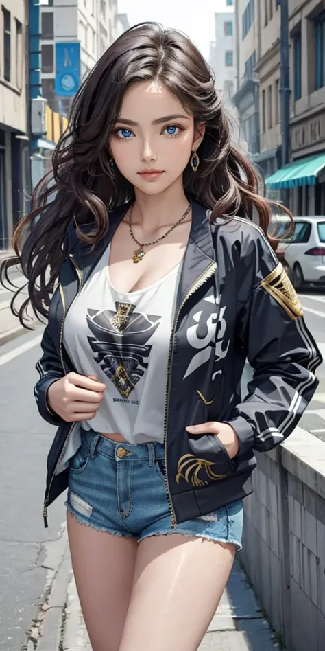 best quality, a beautiful woman, long wavy hair, printed halterneck top, necklace, jacket, short shorts, perfect slim fit body, ...