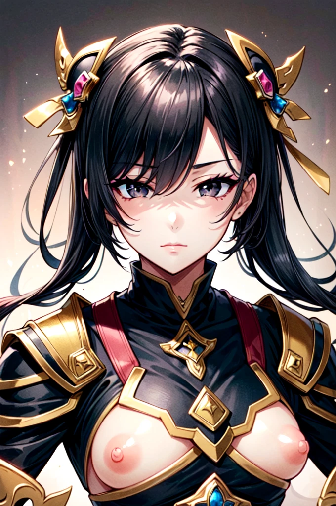 masterpiece, best quality, 1women, adult, female focus, solo, medium black hair, vibrant black eyes, looking at viewer, medium tits, closed mouth, emo, Fantasy aesthetics, Highly detailed, shadowverse style, wearing kamen rider armor with gold and pink color