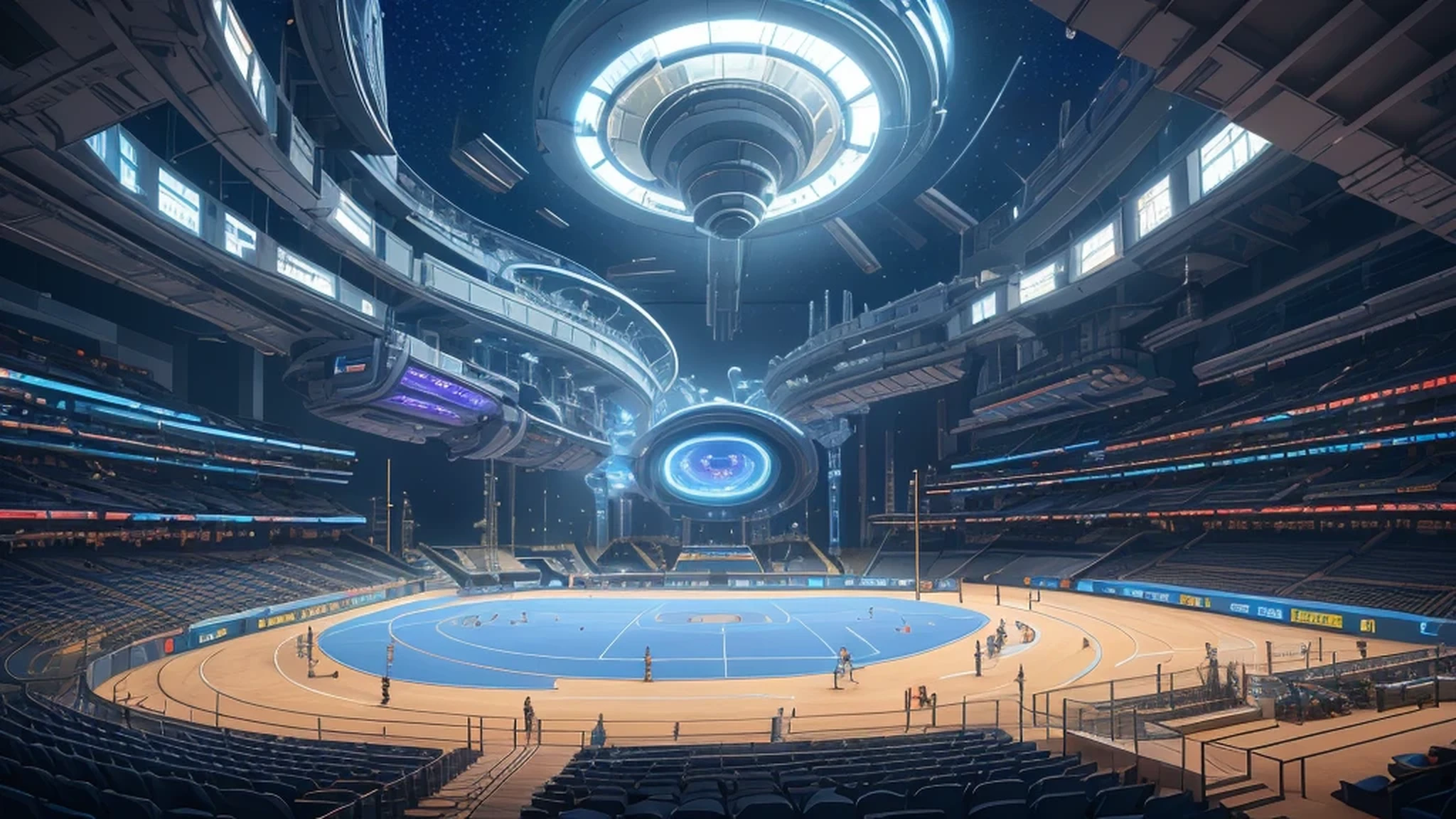 Night future scene，A five-pointed star-shaped technological dream stadium in a future science fiction city，in the starry sky，Athletes running on the playground，Grandstand seats blue，Technology streamlined layout，many viewers。track，Glass material，Forward glowing lines，Technology Playground，Sky Dome Virtual Sky，Sci-fi effect，Blue seats in the auditorium，A large translucent digital triangle screen is hung above the playground，，high quality，Exquisite，Stadium structure edge，Blue glowing curved outline，The playground is huge，The scene is grand，gorgeous，Sense of future technology，Wide Angle，Sci-fi masterpiece，，Luminous，Cyberpunk technology style
