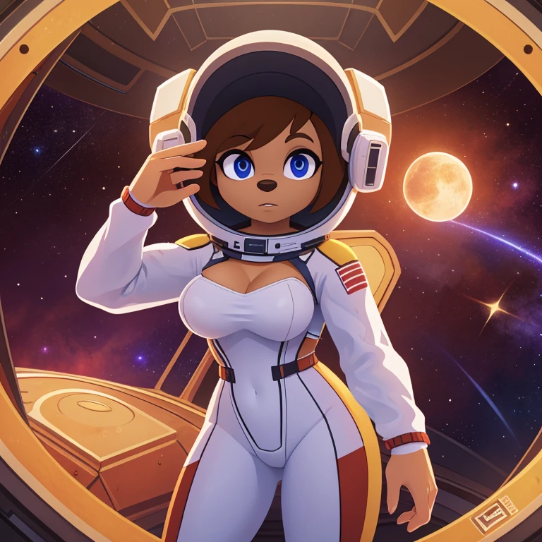 ((masterpiece)), studio quality, highly detailed, extreme detailed, high quality, max detailed, hyper detailed, space, universe, 1girl, hamset, attractive, gorgeous body, medium breast, brown short hair, galactic eyes, spacesuit, logo parody, logo