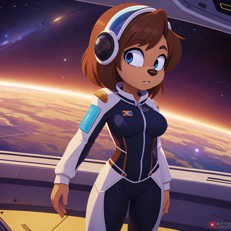 ((masterpiece)), studio quality, highly detailed, extreme detailed, high quality, max detailed, hyper detailed, space, universe, 1girl, hamset, attractive, gorgeous body, medium breast, brown short hair, galactic eyes, spacesuit, logo parody, logo