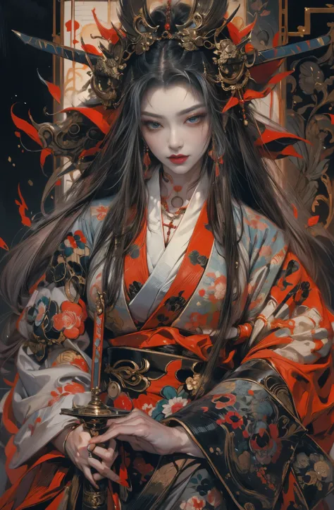 Beautiful demon painting, Demon woman with a Japanese sword, A strong female warrior, gambling, Beautiful black-haired demon, Be...