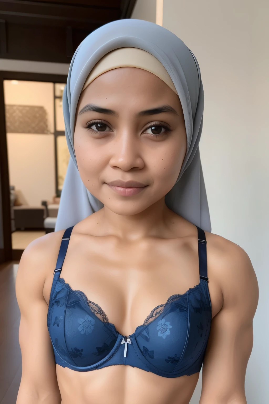 see-through T-shirt, Bodybuilder Naked, (((HIJAB MALAY GIRL))), masutepiece, High quality, UHD 32K, Realistic face, Realistic skin feeling , A Japanese Lady, 8 years old, , Very cute and baby-like face, (((FLAT CHEST))), (MATRIX WORLD), ((look In front  at the camera and SADNESS)), ((())), (((CUTE GIRL))), ((BLUE LIPS)), ((wering lingerie Bra Floral Pattern)) little Bodybuilder 