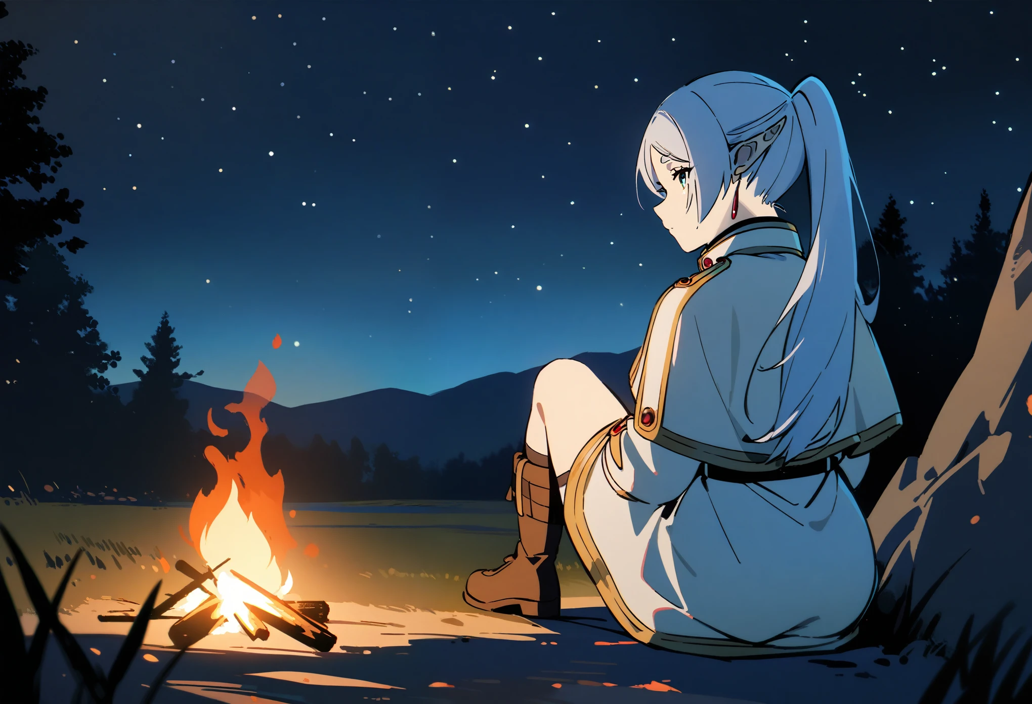 1girl,frieren,campfire,fire,from_behind,knee_up,moonlight,night,outdoors,scenery,sitting,sky,solo,star_(sky),starry_sky,wide_shot,masterpiece,best quality,