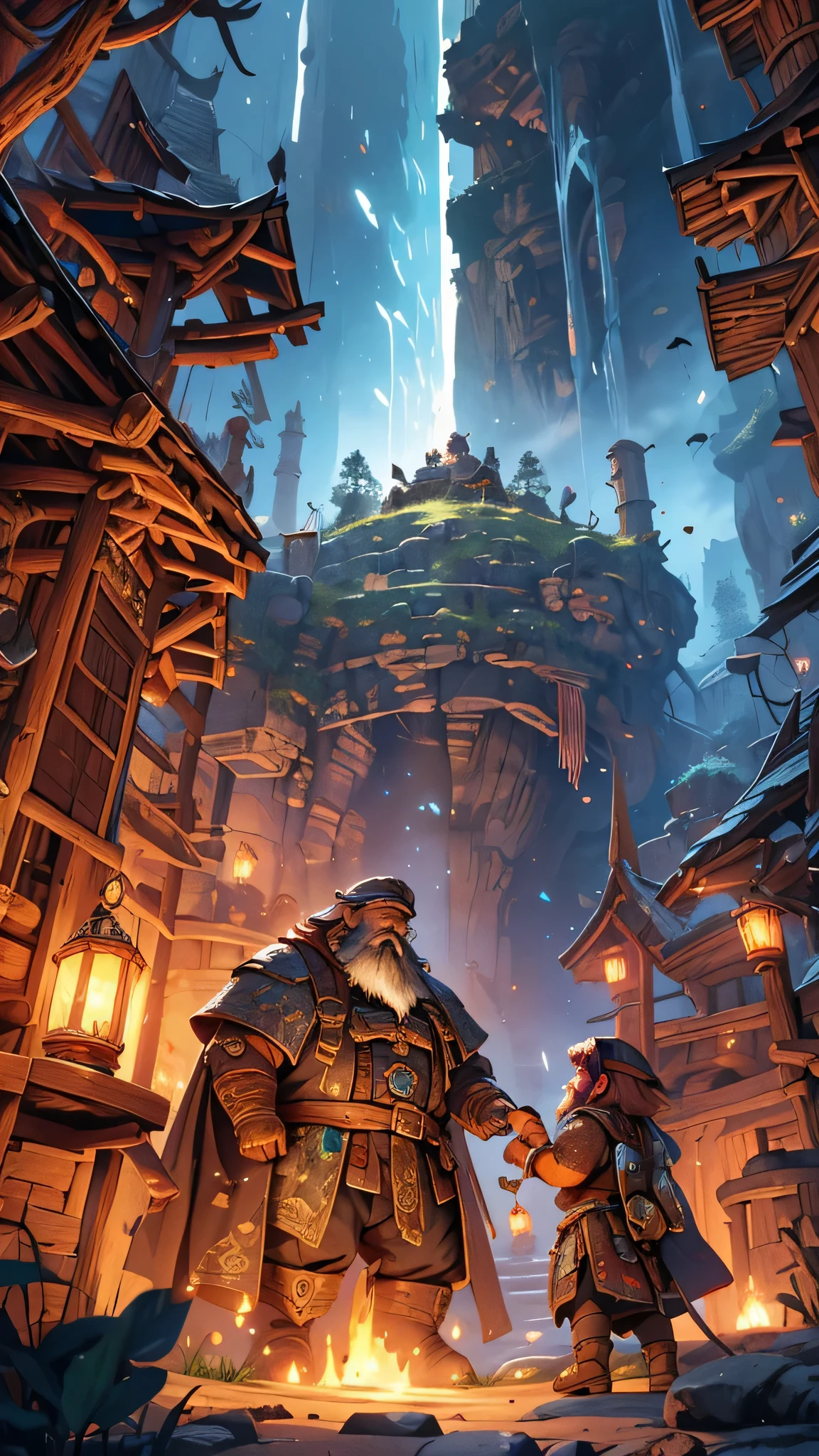  illustration showcasing dwarves diligently mining for minerals and iron ore in the depts, dwarfs with beard, fantasy-themed mine shaft, intricate line detail, vibrant colors, fantastical lighting, underground glow, mythical creatures lurking in shadows, highly detailed,