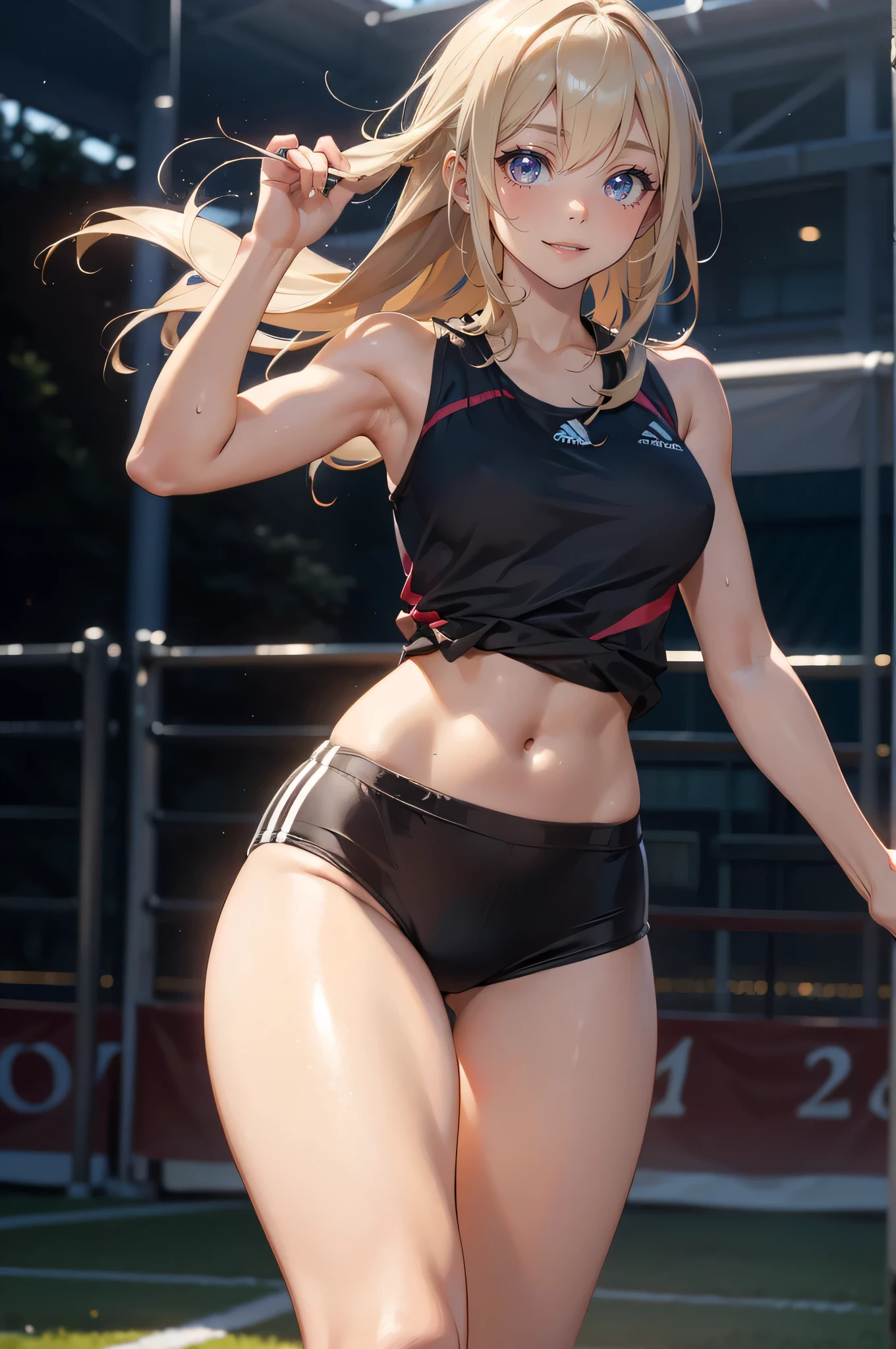 realisticlying，extremely detailed CG、high resolution、absurderes:1.8、detailed background:1.3、beautiful detailed hair、detailed eyes、、、、、、 1 girl, track and field player, shiny skin、beautiful body、 ((buruma、 sleeveless track and field Tank top、attractive thighs、light smile、))、(track and field cort)
