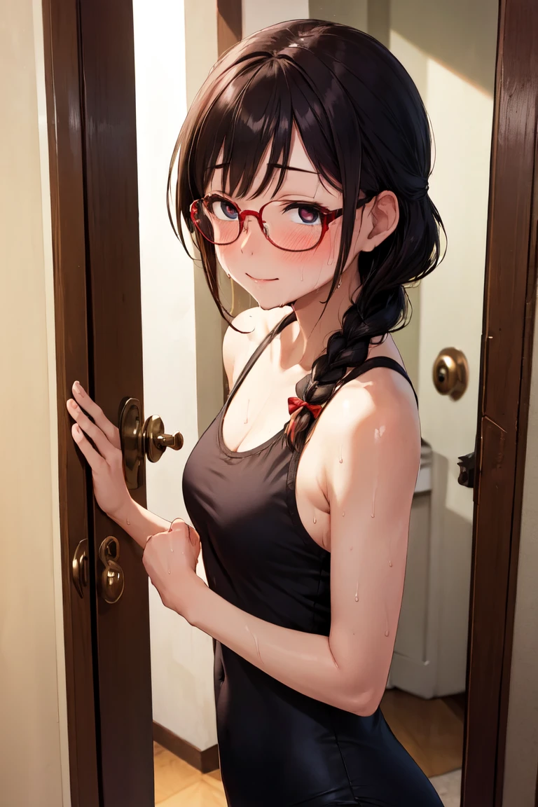 (high quality, High resolution, The finer details), (masterpiece, high quality, High resolution:1),girl1人,alone,chest,pov doorway, Open door, doorway, false smile,Are standing, (Sweat:1.3)，Sidewalk, Side view, alone, girl, Braid, , Sparkling eyes, (large round frame glasses), (Beautiful Eyes), Small breasts, , blush, Sweat, Oily skin, (focal plane), Shallow depth of field，Bodycon