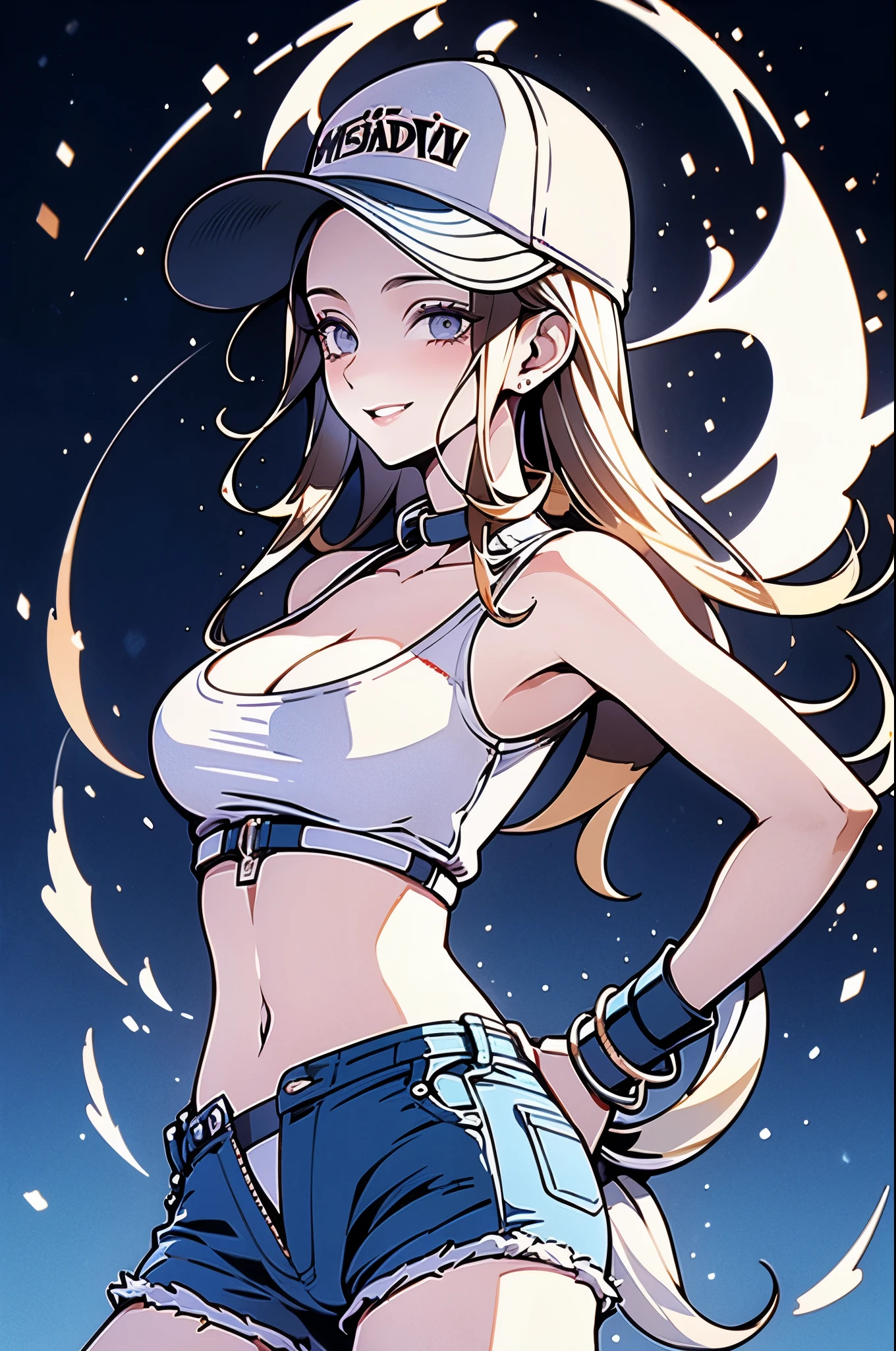 (work of art), best qualityer, expressive eyes, face perfect, high resolution, (8k), (face perfect), (ultra details), 1 girl, standing alone, garota terry bogard, hair blonde, hypdertailed, blue colored eyes, long hair, boné de baseball, gloves fingerless, shorts jeans, shoe, blushful, afraid, anguished, With open mouth, background of the room, we don&#39;t put, standing, portraite, looking at her hands