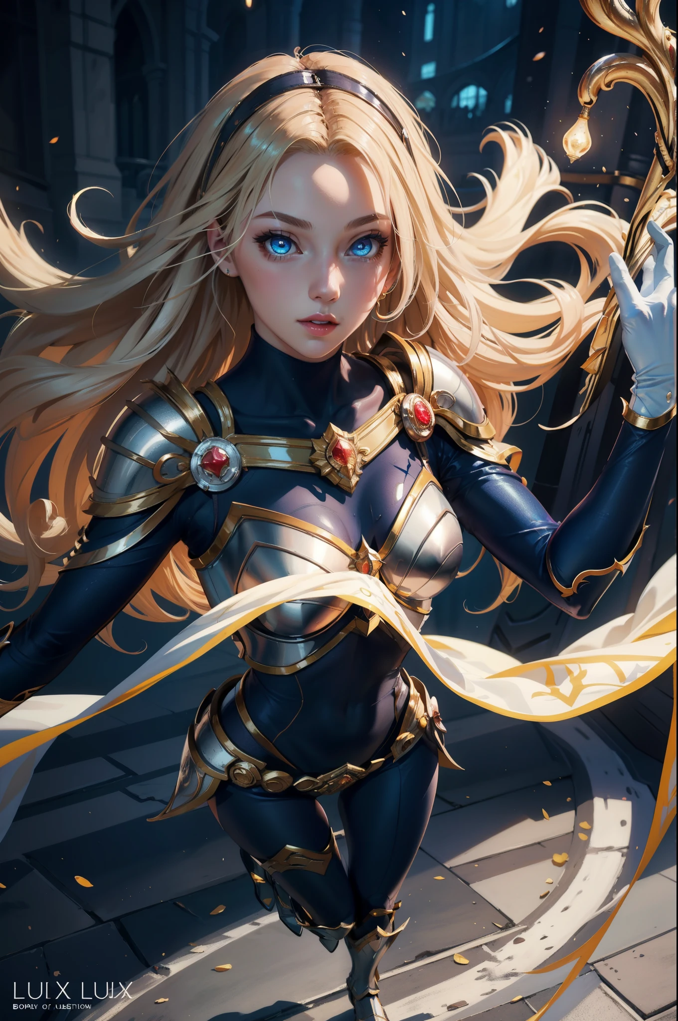 Highly detailed, High Quality, Masterpiece, Staff, nice hands, perfect hands, 1girl, full body, lux1, lux_(league_of_legends), long hair, armor, breastplate, bodysuit, white gloves, boobplate, (detailed face and eyes:1.3)