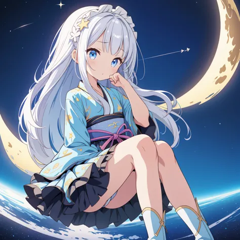 Little、cute、Star Fairy、(masterpiece, best quality), 1girl, sitting on the crescent moon、「A beautifully printed galaxy patterned ...