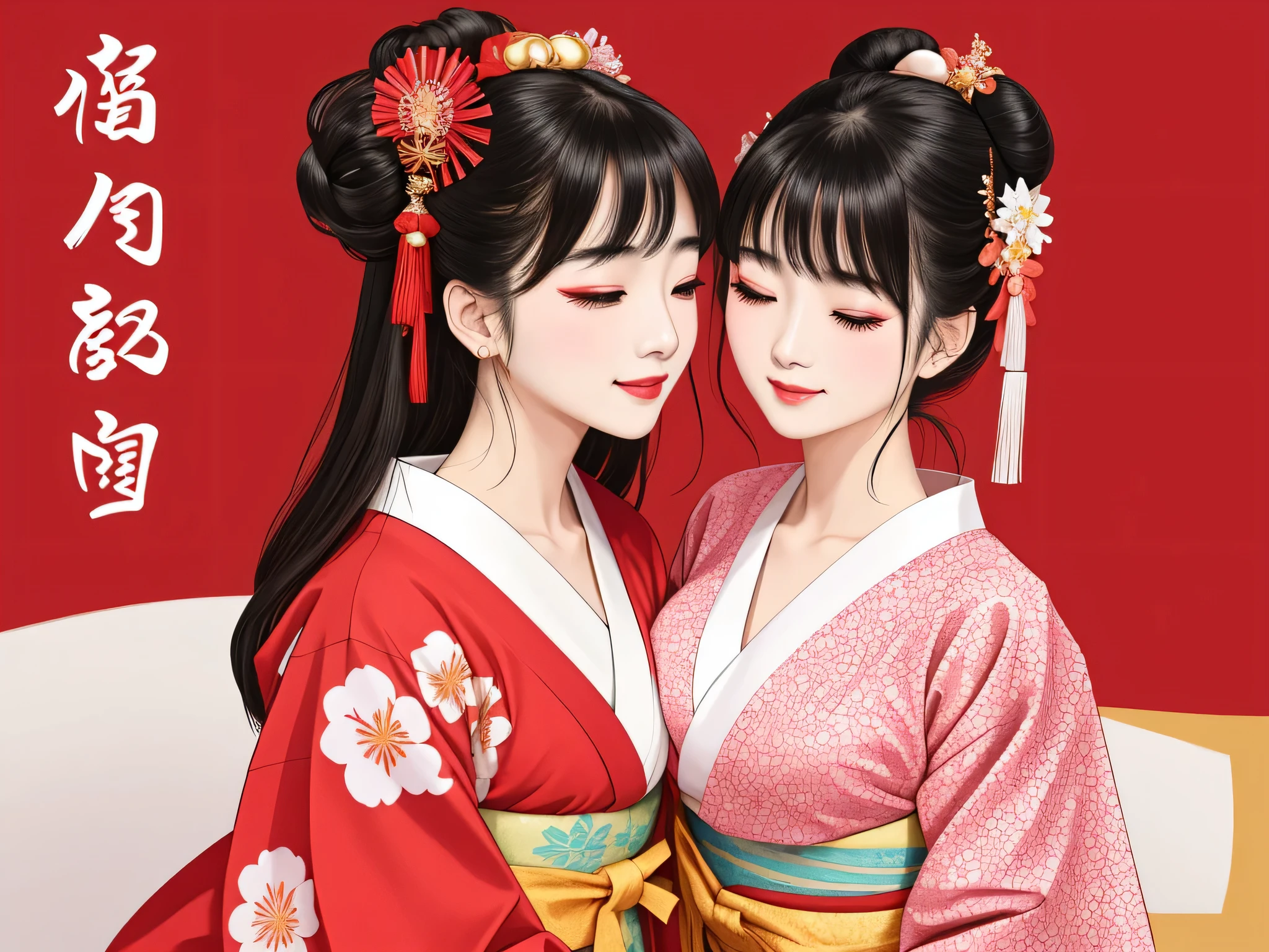 Each has a different expression２People and sisters、(２ girls）、｟Dancing traditional performing arts gracefully)、((Big Breasts、Small Face、Not exposed))、highest quality、masterpiece、（Black Hair、Bun Hair）、Brown Eyes、｟Wide angle、Angle from above, from the waist up、Pause on the magazine cover、Each person has a different perspective when looking into the distance｠、(８K high quality、masterpiece、High resolution、Realistic and beautiful light and shadow、(highest quality)、(High Resolution)、(Very delicate and beautiful)、(Beautiful 8k face)、(Smiling and closing your eyes、Beautiful eyes)、(Clear skin)、(Soft hair)、(８Head to Body)、(A Japanese style yukata kimono with red, pink and orange floral patterns on a white background, interspersed with gold powdeve beautiful Japanese girls wearing yukata)、((Tanabata decoration background))、((Small Face))、(arms up)、Thin and small nose、（Red lipstick）、（Make your cheeks red）、（Glossy skin）、((Ink painting style))、Very thin eyebrows、Overall ultra-high image quality、（She is wearing maiko-style makeup.）、Whitening、Long and beautiful eyelashes、Glowing Skin、（Red cheeks）,Straight nose、masterpiece、highest quality、whole body、 Eyebrows visible through hair、Bun Hair、Grin、Gal、Kogal、Viewer&#39;s Eyes、Plaid、Stylish、woman、fine、Pause、
Waiting to start 
