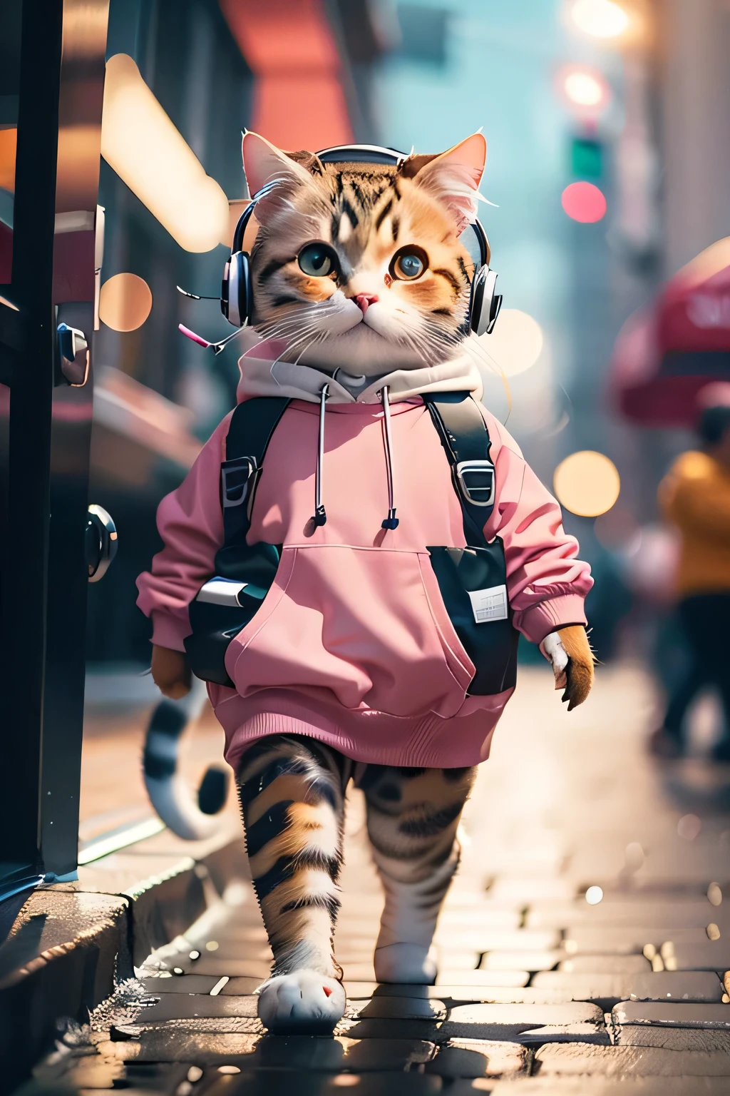 HDR,UHD,8K,Highly detailed,realistic,photo-realistic:1.37, best quality, masterpiece, Black and white cat, light simile, pink wear, standing, solo, full body, toddler, wearing headphones, citypop