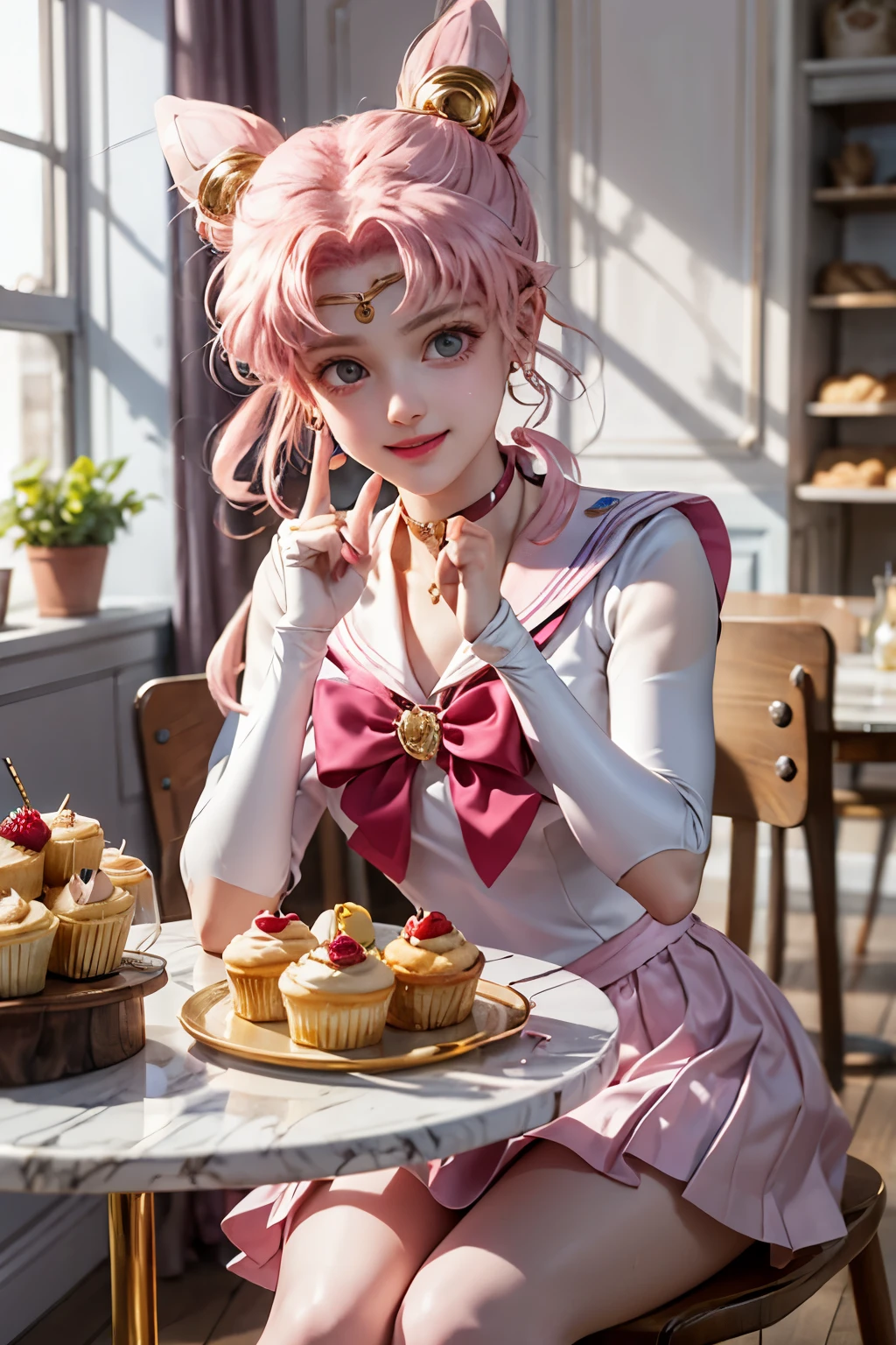 Sailor_Little_moon, Pink Hair, Pink Eyes,  jewelry, choker, Gold Ring, View your viewers, Happy, Excited, smile, 
Sitting, Inside the bakery, A table full of pastries, Cakes and muffins, A playful atmosphere, 
Extremely detailed, masterpiece, Beautiful quality, 