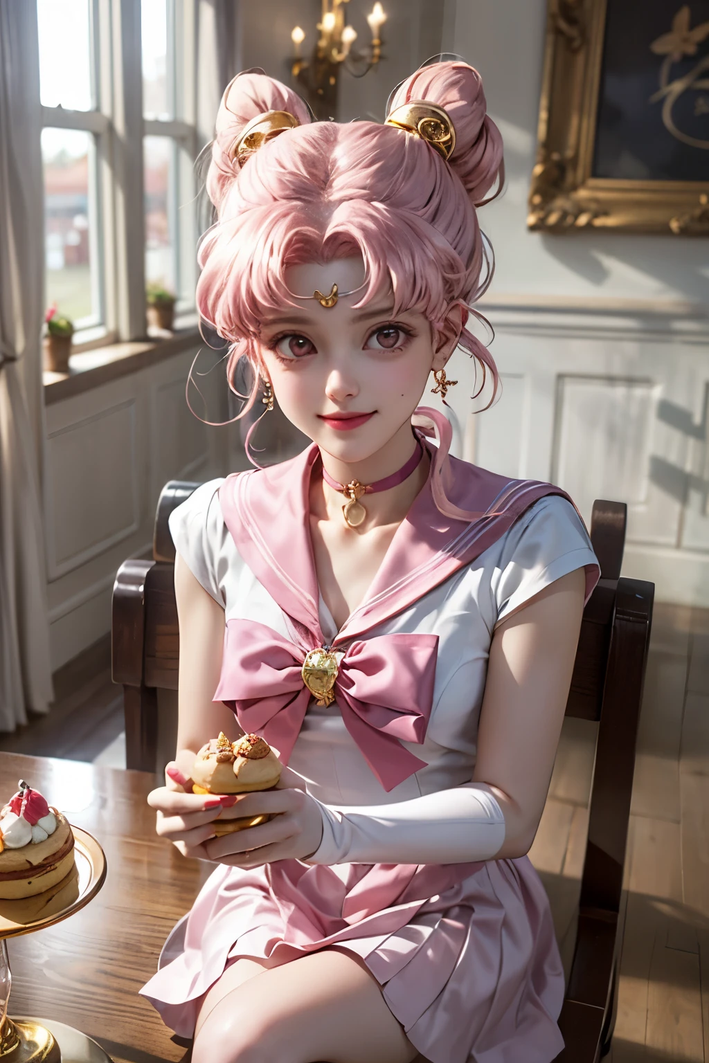 Sailor_Little_moon, Pink Hair, Pink Eyes,  jewelry, choker, Gold Ring, View your viewers, Happy, Excited, smile, 
Sitting, Inside the bakery, A table full of pastries, Cakes and muffins, A playful atmosphere, 
Extremely detailed, masterpiece, Beautiful quality, 