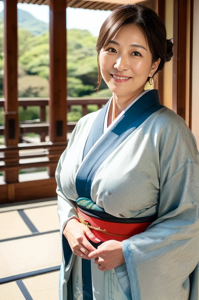 (top quality,masterpiece,ultra-detailed,photo realistic,Textured skin,anatomically correct:1.2),kimono,(45 years old),(Japanese mature woman),Natural eyebrows,flat lighting,(1 girl),smile a little,in kyoto,