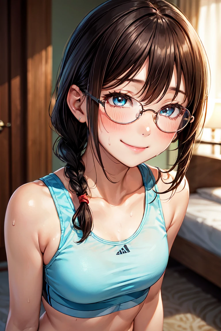 (high quality, High resolution, The finer details), Sidewalk, Side view, alone, girl, Braid, , Sparkling eyes, (large round frame glasses), (Beautiful Eyes), Small breasts, ((A kind smile)), blush, Sweat, Oily skin, (focal plane), Shallow depth of field，Sports Bra、Hotel Rooms
