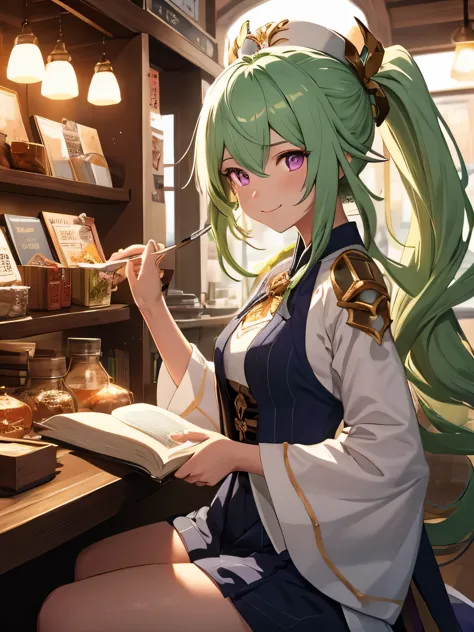 man in a tea shop, sitting down, reading a book, male, green hair, long hair, high ponytail, detailed eyes, keqing from genshin ...