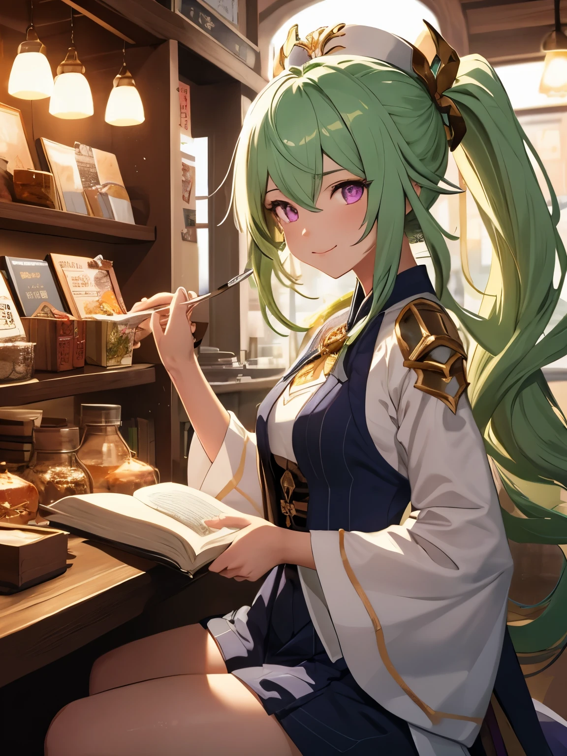 man in a tea shop, sitting down, reading a book, male, green hair, long hair, high ponytail, detailed eyes, keqing from genshin impact, genshin impact character, genshin, baizhu li from genshin impact, ayaka game genshin impact, genshin impact, shadowverse style, genshin impact style, light green hair, purple hanfu, anime background, tea shop, warm, ambient light, golden motes, small smile, warm light