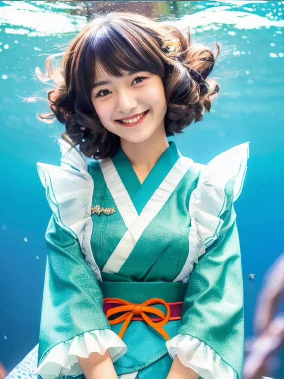 (masterpiece, best quality:1.2), underwater, solo, 1girl, wakasagihime, smile, looking at viewer, mermaid, drill hair, japanese clothes, frills, green kimono, wide sleeves, sash, obi