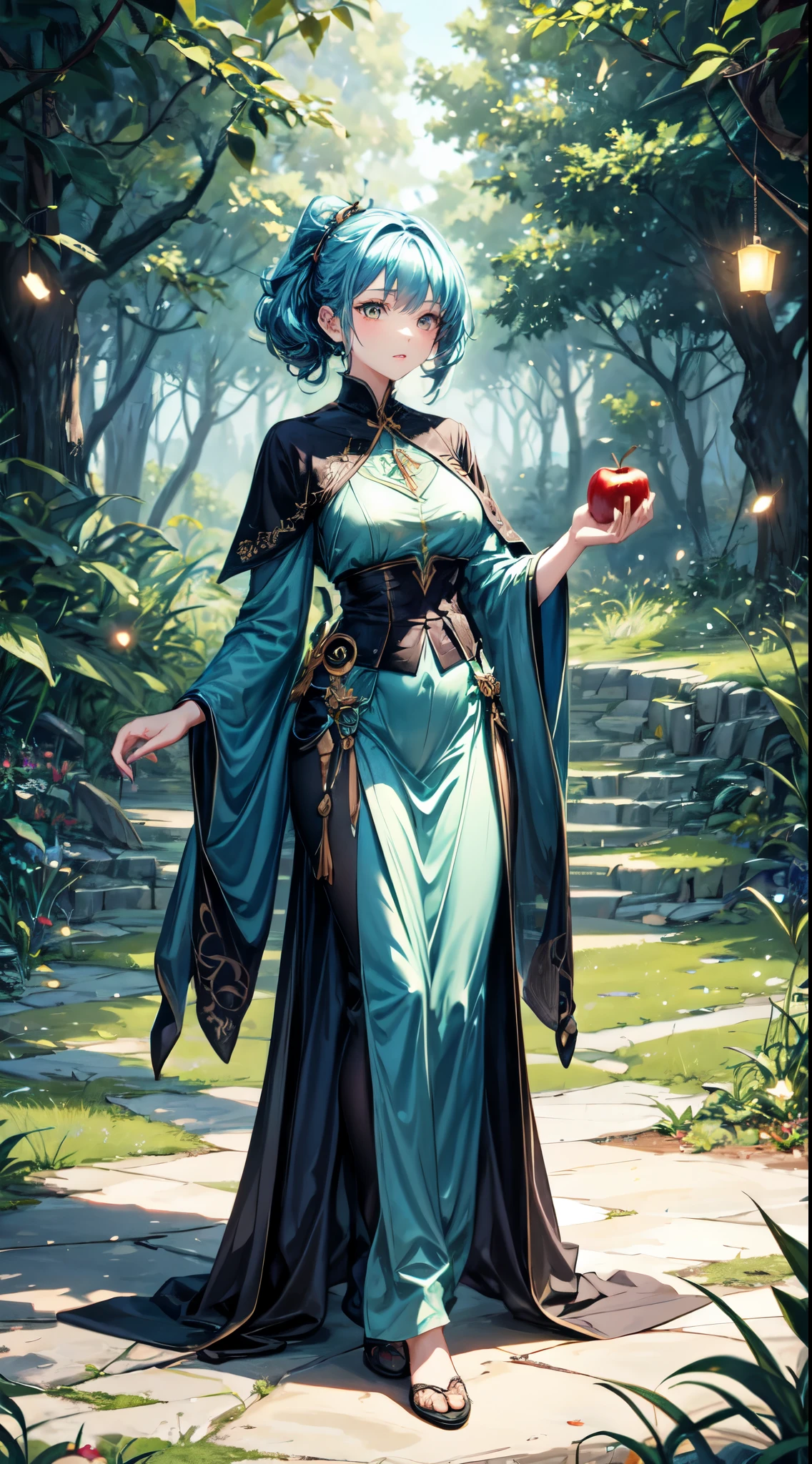 (最好的品質), (傑作), (詳細的), 4k, 奇幻風格, 年輕的女巫1.3, 穿著 (gorgeous 和 mysterious robe1.2), 與一個 (focused 和 curious expression1.2), 拿著一個 (發光的蘋果1.3), 神秘森林1.3 背景與 (奇怪的植物1.2) 和 (發光的螢火蟲1.2), 鮮豔的色彩1.2 與一個 (green 和 blue theme1.2), 讓人想起《哈利波特》中的場景1.1