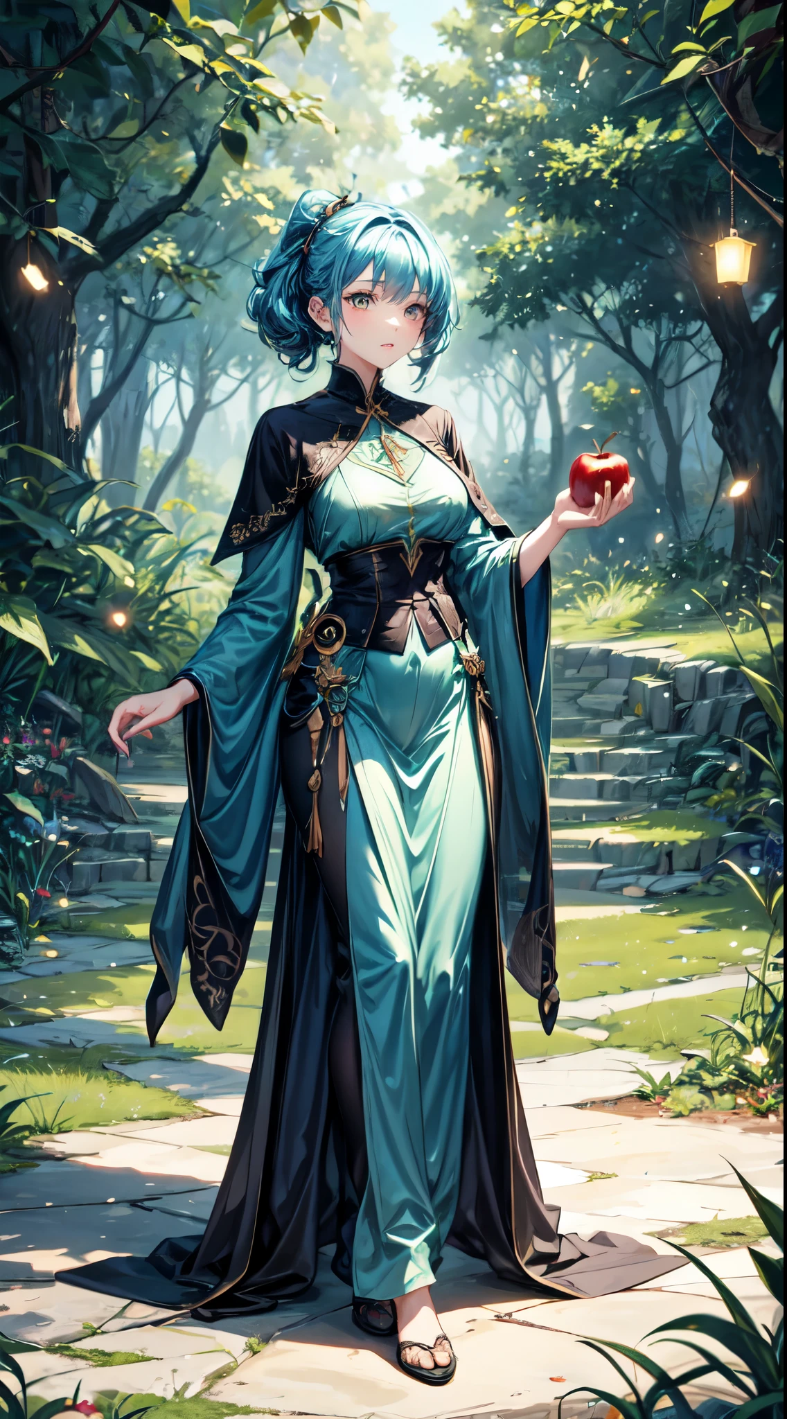 (best quality), (masterpiece), (detailed), 4K, Fantasy style, Young witch1.3, wearing a (gorgeous and mysterious robe1.2), with a (focused and curious expression1.2), holding a (glowing apple1.3), Mystical forest1.3 background with (strange plants1.2) and (glowing fireflies1.2), Vibrant colors1.2 with a (green and blue theme1.2), reminiscent of scenes from Harry Potter1.1