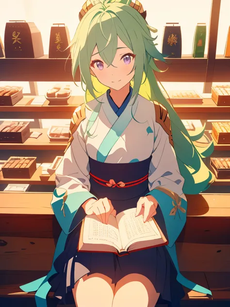 man in a tea shop, sitting down, reading a book, male, green hair, long hair, high ponytail, detailed eyes, keqing from genshin ...