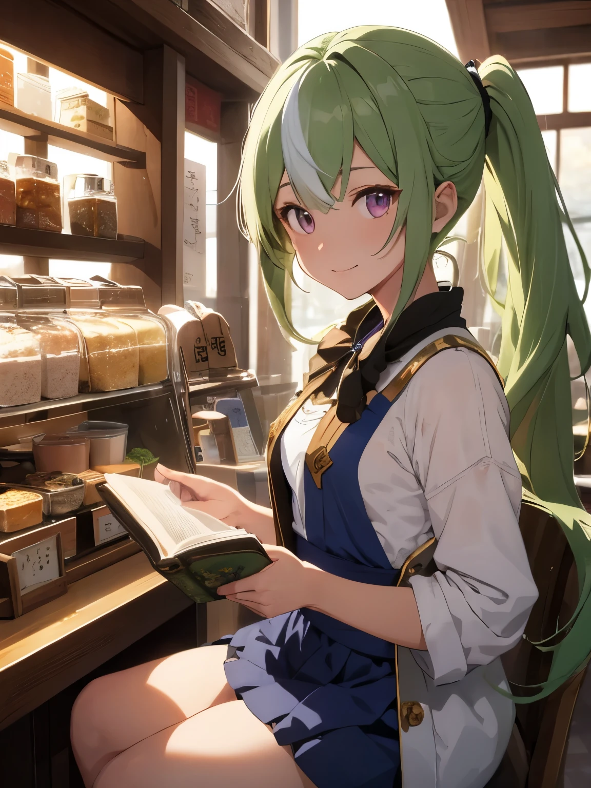 man in a tea shop, sitting down, reading a book, male, green hair, long hair, high ponytail, detailed eyes, keqing from genshin impact, genshin impact character, genshin, baizhu li from genshin impact, ayaka game genshin impact, genshin impact, shadowverse style, genshin impact style, light green hair, purple hanfu, anime background, tea shop, warm, ambient light, golden motes, small smile, warm light