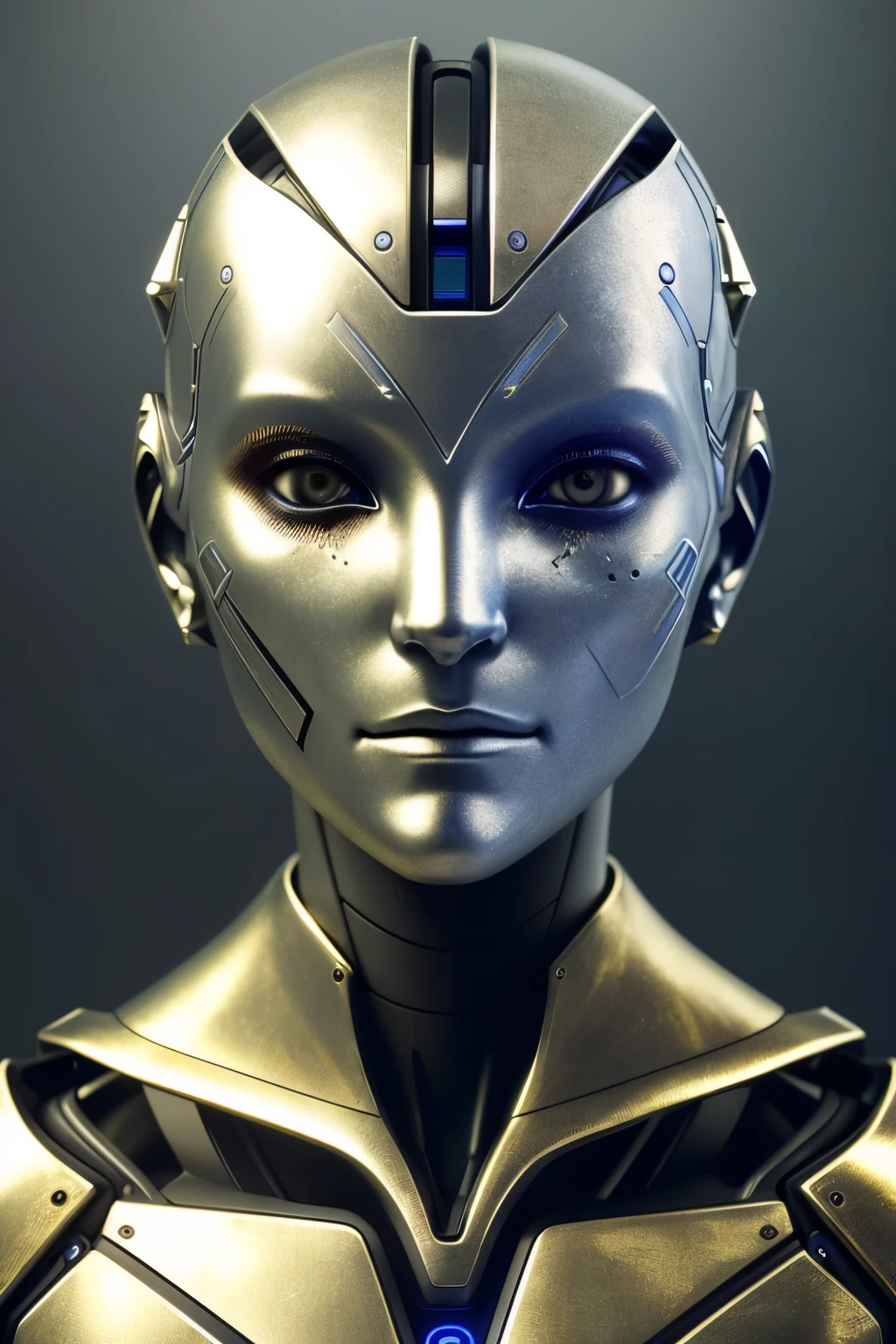 A robot avatar with a futuristic face, (Expression: 1.5, Sorrowful: 0.8), (Metallic skin texture: 1.5), intricately designed features, (Glowing accents: 1.2), highly expressive, (Realistic: 1.6), HDR, (Hyper-detailed: 1.4), cinematic close-up, the face of the future, a testament to advanced technology, (Sharp focus: 1.3), (Sleek and polished: 1.2), (Minimalistic: 0.9), a beacon of innovation.