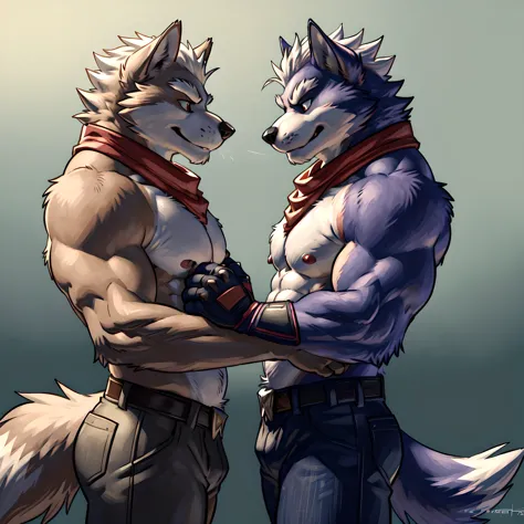 fox mccloud and wolf o'donnell, very masculine and stern wolf o'donnell, 4k, high resolution, best quality, detailed, posted on e621, multiple characters, two characters, size difference, looking at each other, anthro body, male, muscular, (plain backgroun...
