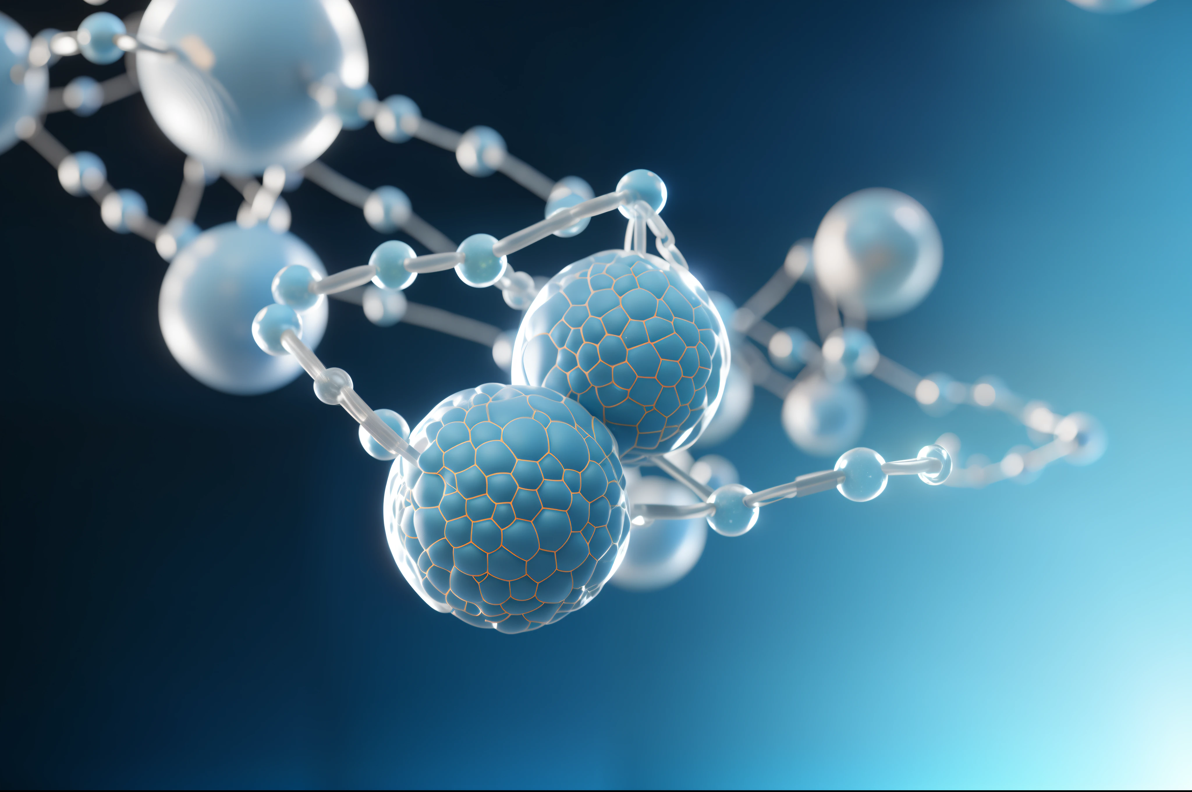 Close up of a pile of balls and chains on a blue background, Molecular 3D Model, floating molecular, space molecular, molecular, molecular, ctane 3 d rendered, Dust molecular, Biochemistry illustrations, metaballs, depicted as a 3 d render, Synthetic biological skin, rendered in cinema4d, Rendering in Cinema 4D