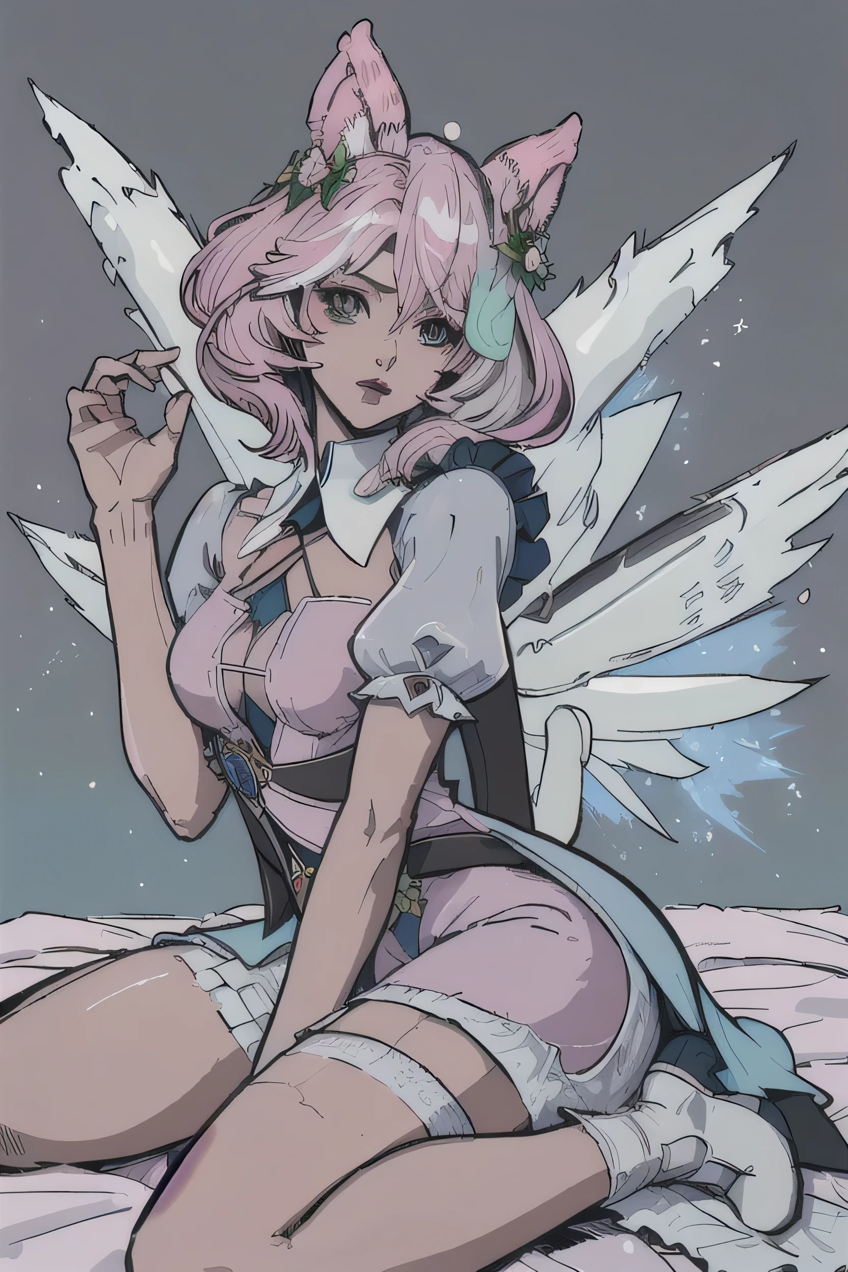 Alisa Bosconovitch, best qualityer, contemporary, flat style, minimalism, Illustrates??the green-eyed plane, pink  hair, shorth hair, multicolored wildly hair, black jersey, mechanical wings, Close-U head portrait, pointed chest, neckleace, super neckleace, medium breasts, tekken，pink  hair pastel, 1 girl, in kimono, hand painted，Colorless line drawing, pastel yandere colorful, tekken, [Detailed illustrations, Art based on extremely ideal anatomy, very detailed and detailed drawings, delicate lines with slowness and urgency, Realistic texture expression],(((Colored leading lines)),(Works of art with excellent craftsmanship),(park background),[ Beautiful Japanese anime 14 years old Skinny] pink  hair claro, with maid outfit，slender figure，chunky，He sat on the floor，Dressed in pink and white maid outfits，Very Shorthair，with cat ears，quadratic element，, pink kawaii in 1910 era clothing, Alisa Bosconovich&#39;pink lips, no style da soft core palette aurorapunk, an anime illustration of your face, animated gifs, hand drawn animation, charming sketches, smooth and shiny, hazy romanticism, Super flat style, white background - ar 1:1 - niji 5 - expressive style --s 50
