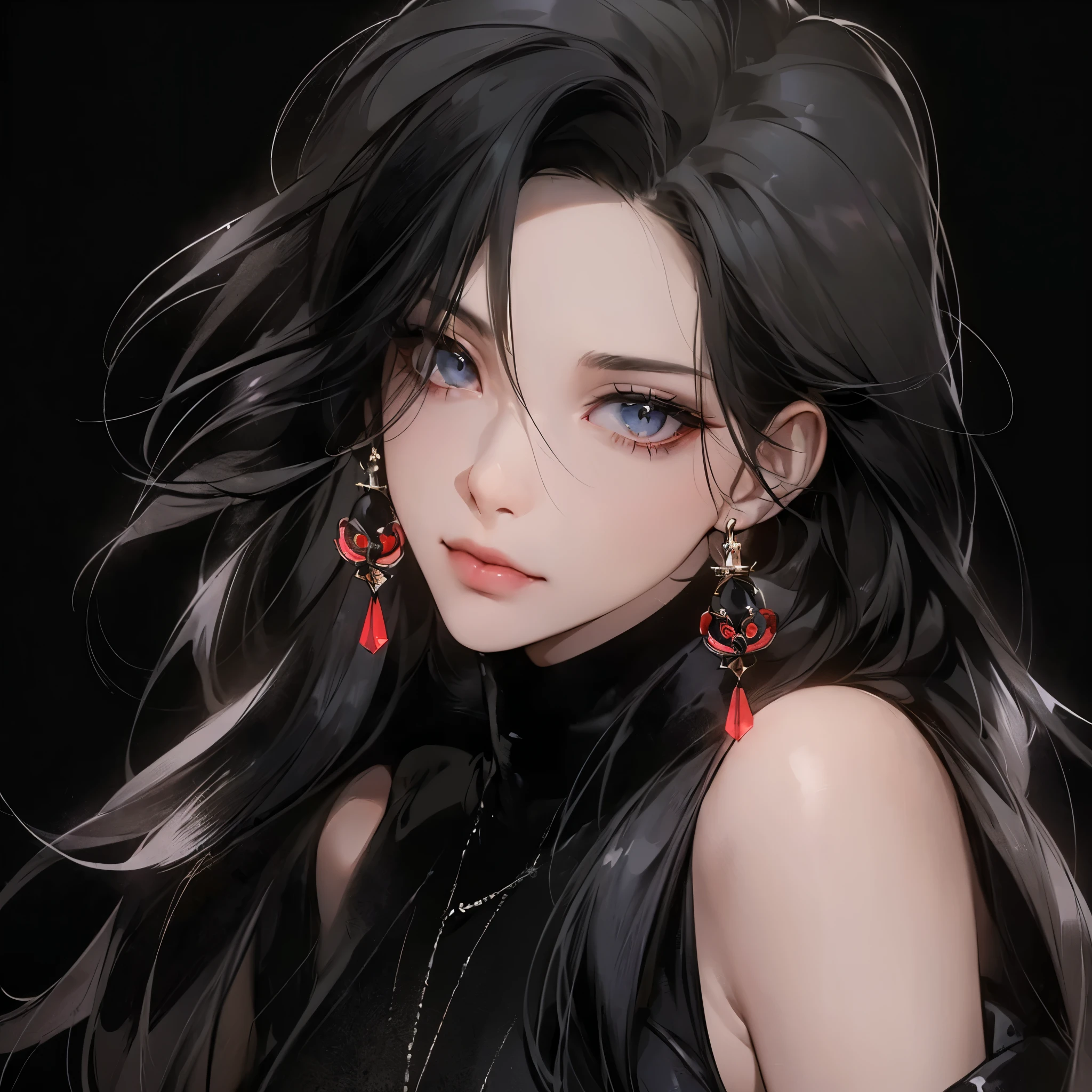 (Tabletop, Digital Art, Digital illustration, 4K, 8K, Ultra-detailed, Beautiful images, Clear images, Realistic, RAW Photos, Perfect Face, Perfect Lines, Perfect Eyes, Soft lighting) ,1 female, (Long black hair,Split bangs、Bullish gaze,Beauty,closed mouth,smirk,Mature,(slender,),White skin,23-year-old female,:1.3),Glossiness、Glossiness、Lip gloss、red crystal jewelry