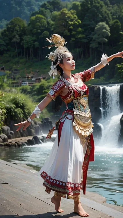 (high quality), (masterpiece), (detailed), 8K, Hyper-realistic, (Incredibly beautiful nature background:1.6), dynamic pose, Balinese young girl, Balinese traditional dancer, wear songket cloth wrapped around the chest, full-body take