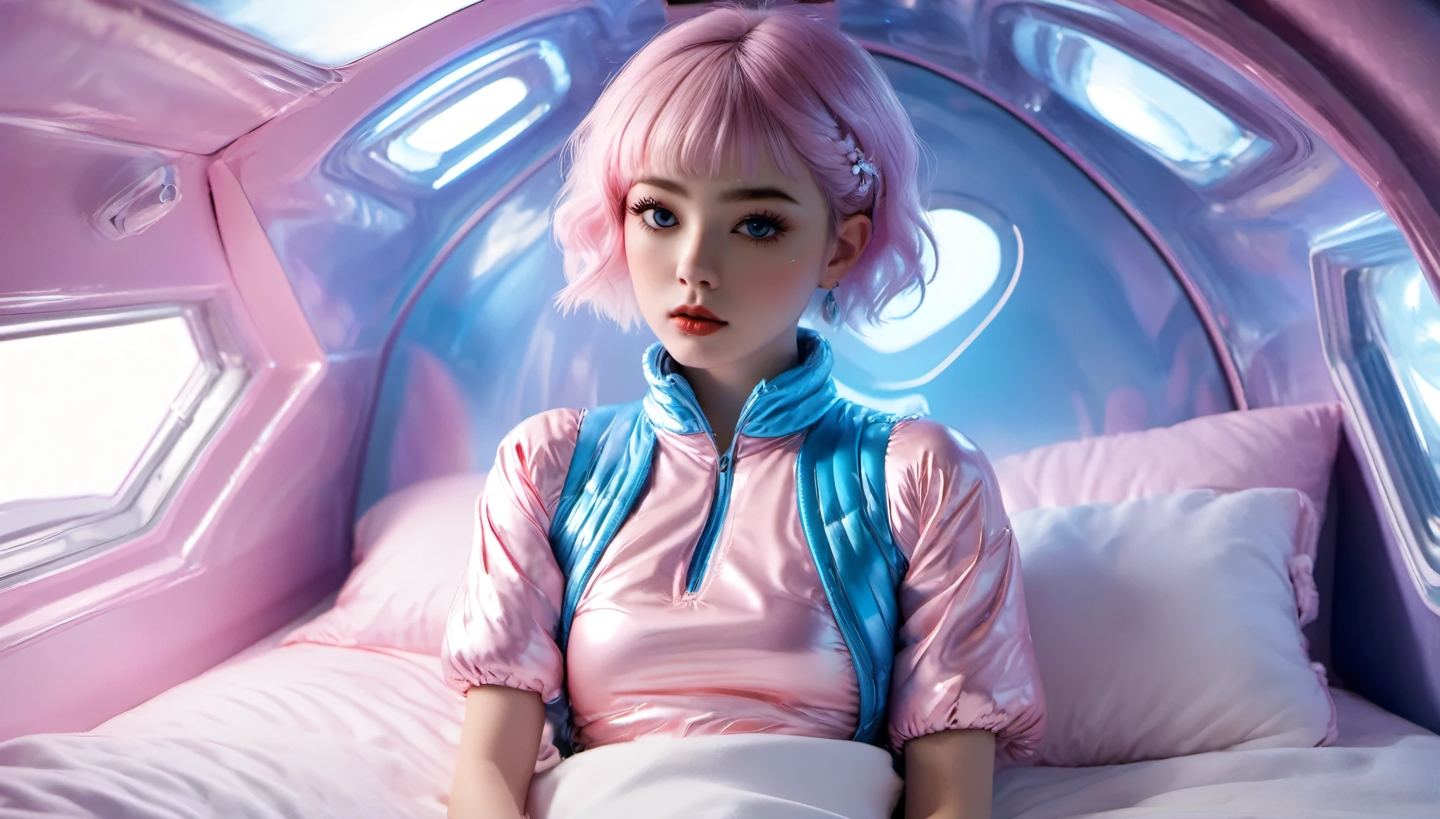 (8K, Raw photography, top-quality, ​masterpiece :1.3), (cute girl in a light pink blue open shiny puffer with short sleeves :1.3), (small perky breasts, extremely detailed face, beautiful detailed eyes, beautiful detailed lips :1.3), (posing anxiously on the bed in a spaceship :1.3) (pixie side shaved hair :1.3), (small perky breasts :1.3)