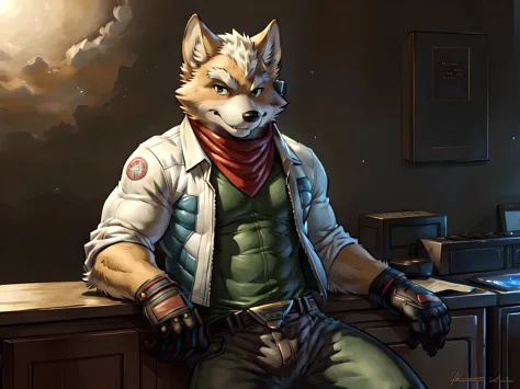 fox mccloud, 4k, high resolution, best quality, detailed, posted on e621, solo, anthro body, male, avarage build, (plain background:1.1), correct anatomy), sexy pose, posing, suggestive, strong lighting, (by wfa, by takemoto arashi, by meesh, by Taran Fidd...