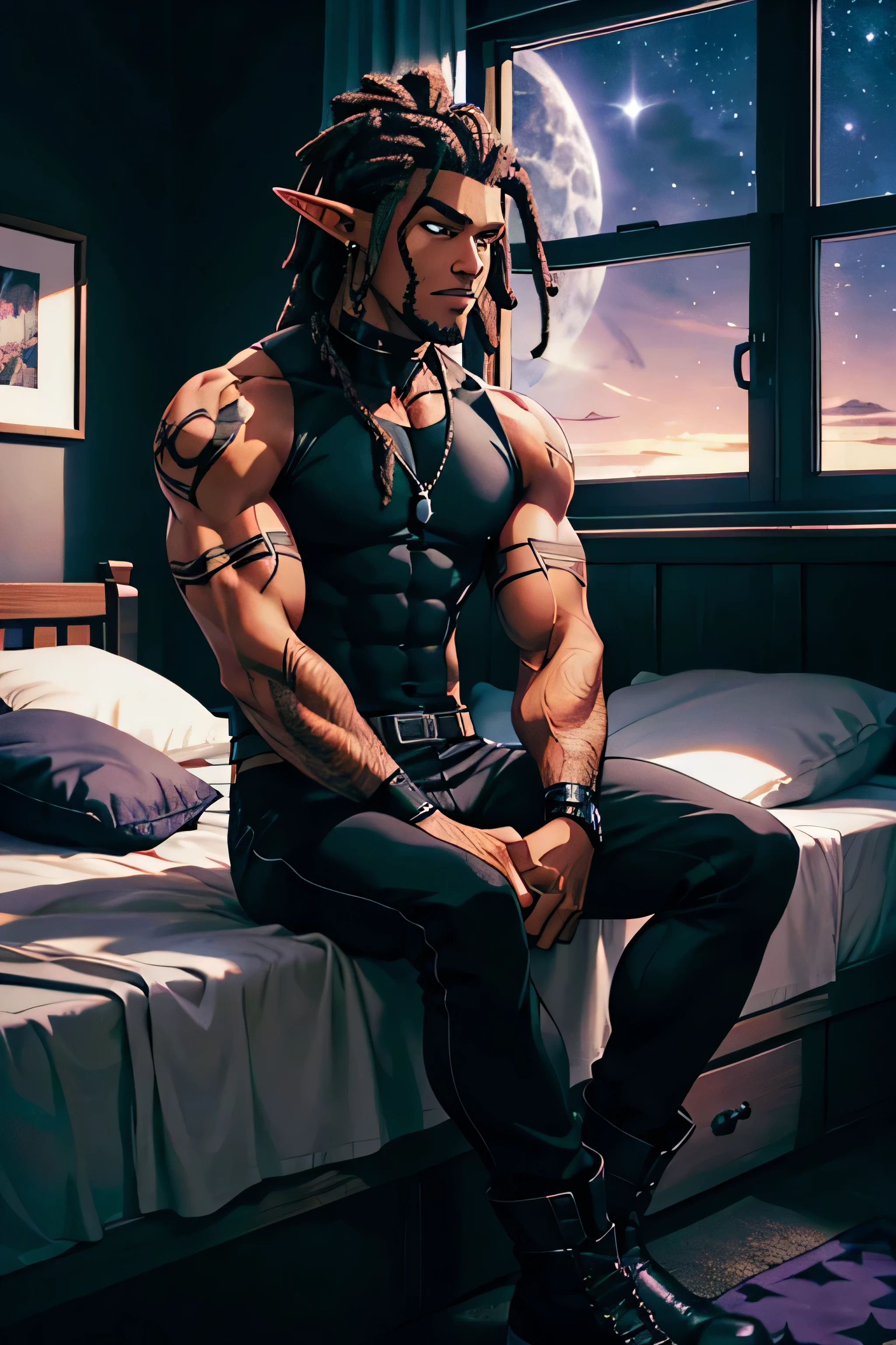 Body builder, buff, bedroom, purple eyes, black hair, dread locks, loose, black T-shirt, black pants, black goth boots, ear piercings, sitting, dark skin, dude, black dude, window with night sky, night time, long hair, dreads, tattoos, elf, pointy ears, male, African American, black clothing, black outfit, stars in sky, gothic bedroom, black bed, black bedsheets, black blanket, sitting on bed, black walls, black floor, 