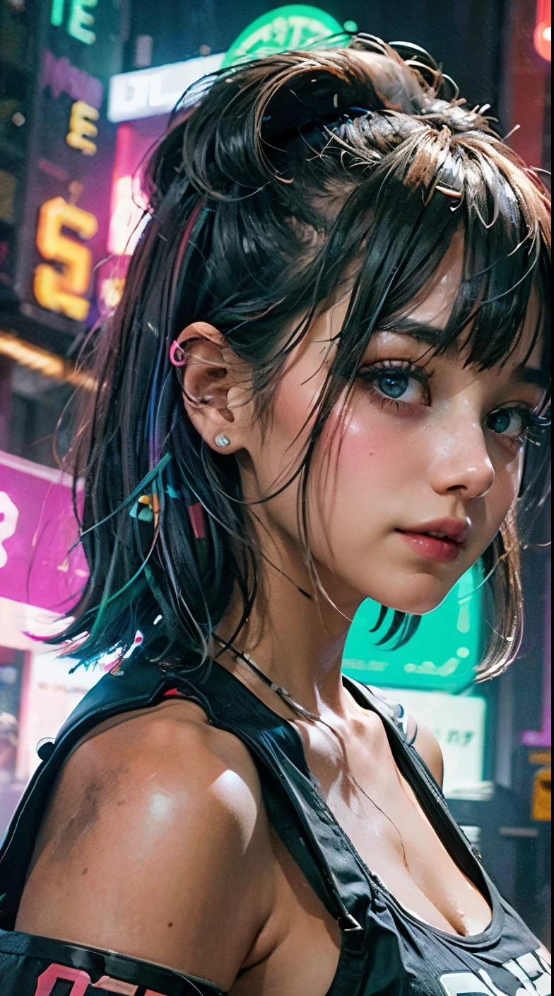 A colorful Bob cut haired punk girl, smooth white skin, innocent look, 15 years old, Ultra high res, uhd, (photorealistic:1.4), cyberpunk outfit, ripped shirt, wink, smiling ear to ear, neon lighting, crop top vest, wearing short skirt, colorful loose socks, full body shot, head to toe, fish eye lens, vogue pose, modelling,