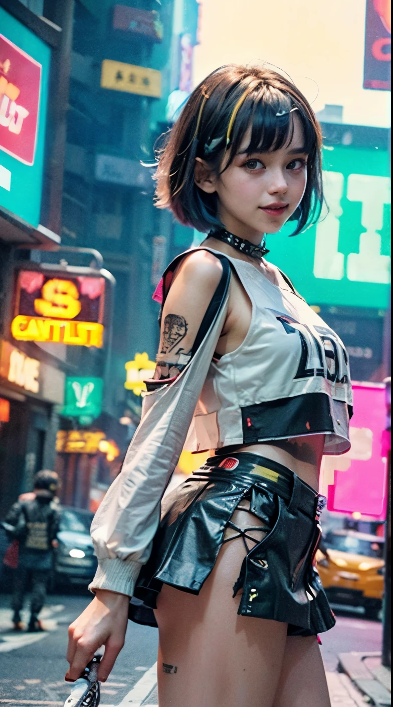 A colorful Bob cut haired punk canadian girl, smooth white skin, innocent look, 15 years old, Ultra high res, uhd, (photorealistic:1.4), cyberpunk outfit, ripped shirt, wink, smiling ear to ear, neon lighting, crop top vest, wearing short skirt, colorful loose socks, full body shot, head to toe, fish eye lens, vogue pose, modelling,