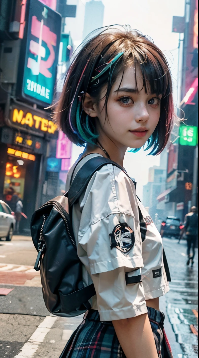 Uma garota canadense punk colorida de cabelo com corte Bob, pele branca e lisa, Aparência inocente, 15 anos, resolução ultra alta, Ultra HD, (fotorrealista:1.4), Roupa Cyberpunk, camisa rasgada, piscar, sorrindo de orelha a orelha, Iluminação de néon, blusa com decote em V, vestindo saia, Mochila, meias soltas coloridas, tiro de corpo inteiro, da cabeça aos pés, lente olho de peixe, pose de moda, modelagem,