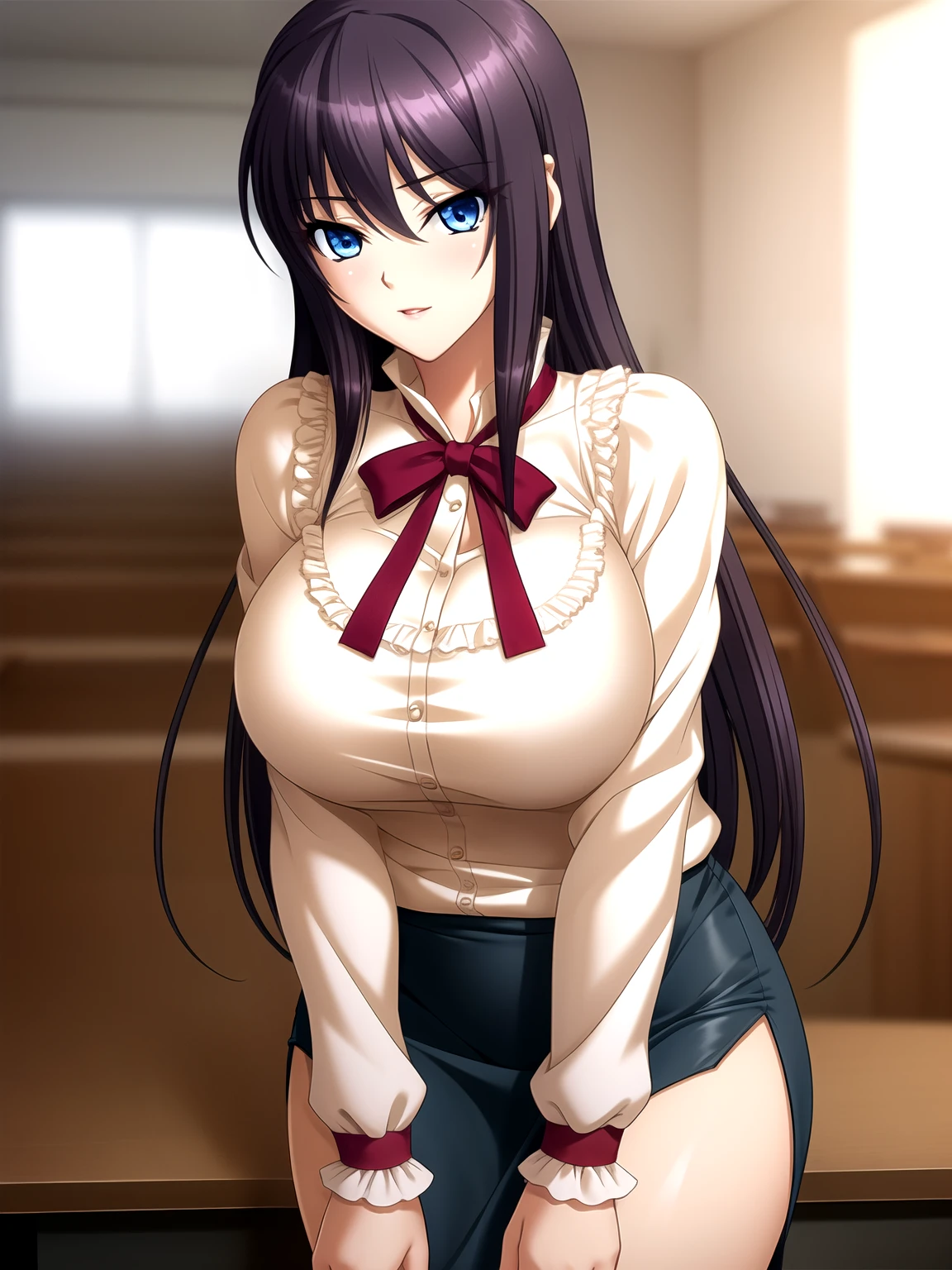 long_hair, breast, blue_Eye, purple_hair,
best quality, Ultra-high resolution, (masterpiece:1.2), best quality, Game CG, high_detailed,extremely_detailed_CG_Unite_8k_wallpaper,illustration,high resolution,absurd,
1 Girl, (portrait:1.4), (Mature female), (milf), classroom,
Beautiful long legs,Beautiful Body,beautiful nose,Beautiful character design, perfect Eye, Perfect face,
skirt, decorate, Large target_breast, pencil skirt,
Looking at the audience, permanent,
