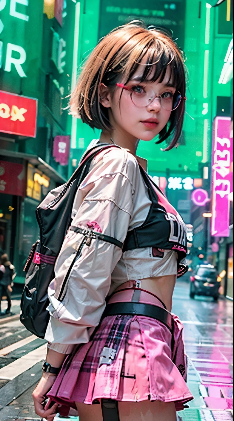 A colorful Bob cut haired punk canadian girl, smooth white skin, innocent look, 15 years old, wearing red glasses, Ultra high res, uhd, (photorealistic:1.4), cyberpunk outfit, ripped shirt, wink, smiling ear to ear, neon lighting, v-neck blouse, wearing skirt, cute pink backpack, colorful loose socks, full body shot, head to toe, fish eye lens, vogue pose, modelling,