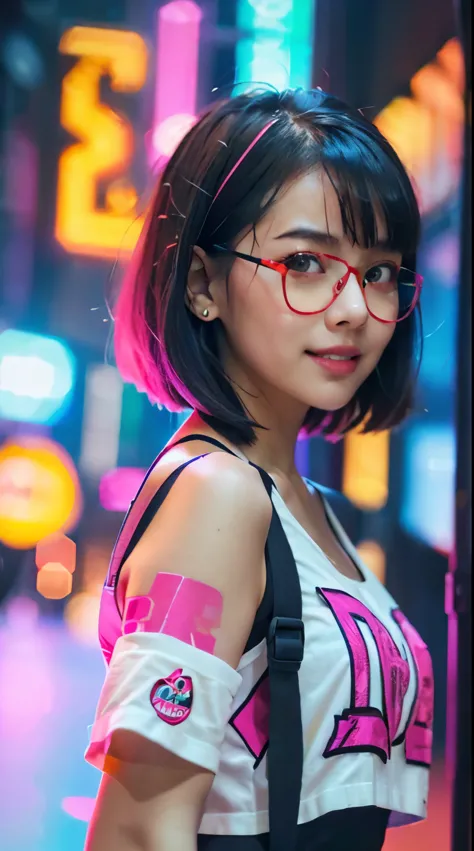 A colorful Bob cut haired punk canadian girl, smooth white skin, innocent look, 15 years old, wearing red glasses, Ultra high re...